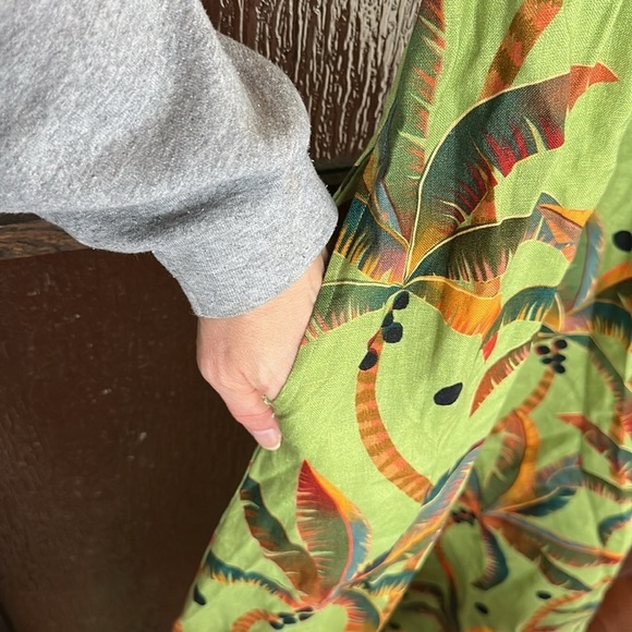 Farm Rio Anthropologie Tie-Front Linen Maxi Dress Green Motif Tropical Medium - Picture 7 of 11